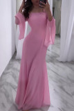 Elegant Solid Color Ruffle O Neck Long Dresses