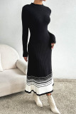 Elegant Stripe Weave Contrast O Neck Sweater Dress Dresses