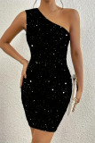 Sexy Solid Color Sequined Sloping Shoulder Wrapped Skirt Dresses