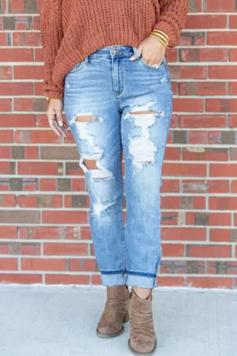 Street Solid Color Ripped Distressed Mid Waist Straight Denim Jeans