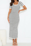 Casual Stripe Weave Contrast U Neck Short Sleeve Short Sleeve Dress
