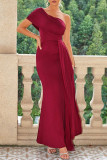 Sexy Solid Color Ruched Sloping Shoulder Evening Dresses
