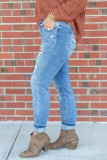 Street Solid Color Ripped Distressed Mid Waist Straight Denim Jeans