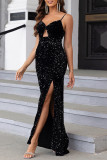 Sexy Solid Color Slit Sequined V Neck Evening Dresses