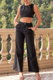 Casual Solid Color Pocket Buttons O Neck Sleeveless Two Pieces