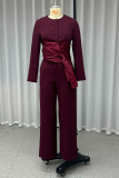 Casual Solid Color Lace Up O Neck Long Sleeve Two Pieces