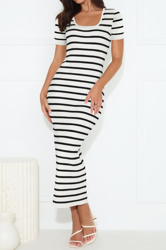 Casual Stripe Weave Contrast U Neck Short Sleeve Short Sleeve Dress