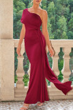 Sexy Solid Color Ruched Sloping Shoulder Evening Dresses