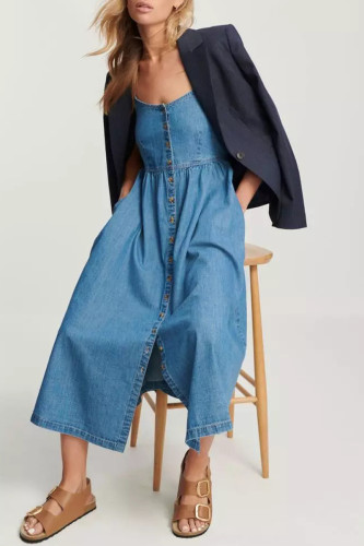 Street Solid Color Pocket Buckle U Neck Sleeveless Loose Denim Dresses
