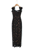 Sexy Solid Color Lace Lace Up Slit Square Neck Long Dresses