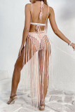 Sexy Vacation Solid Color Hollow Out Lace Up Tassel Swimwears Cover Up