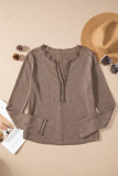 Casual Solid Color Plaid Buttons Patchwork V Neck Tops