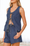 Casual Solid Color Pocket Lace Up O Neck Sleeveless Two Pieces