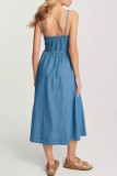 Street Solid Color Pocket Buckle U Neck Sleeveless Loose Denim Dresses