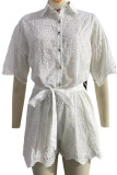 Casual Solid Color Embroidered Hollow Out Turndown Collar Loose Rompers