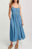 Street Solid Color Pocket Buckle U Neck Sleeveless Loose Denim Dresses