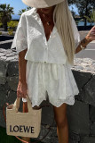 Casual Solid Color Embroidered Hollow Out Turndown Collar Loose Rompers