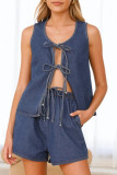 Casual Solid Color Pocket Lace Up O Neck Sleeveless Two Pieces
