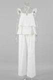 Casual Solid Color Pocket Ruffle Strap Design U Neck Short Sleeve Two Pieces
