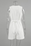 Casual Solid Color Pocket Buttons V Neck Loose Rompers