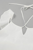 Casual Solid Color Pocket Ruffle Strap Design U Neck Short Sleeve Two Pieces