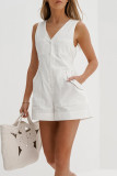 Casual Solid Color Pocket Buttons V Neck Loose Rompers