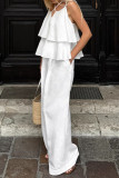Casual Solid Color Pocket Ruffle Strap Design U Neck Short Sleeve Two Pieces