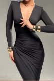 Sexy Solid Color Ruched V Neck Long Dresses