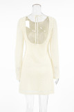Casual Solid Color Jacquard Fur Ball O Neck Long Sleeve Dresses