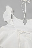Casual Solid Color Pocket Ruffle Strap Design U Neck Short Sleeve Two Pieces