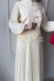 Elegant Solid Color Buttons Ruched Stringy Selvedge Mandarin Collar Long Sleeve Two Pieces