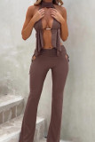 Sexy Solid Color Lace Up Backless Halter Sleeveless Two Pieces