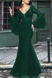 Elegant Formal Solid Embroidered V Neck Evening Dresses