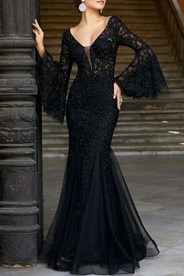 Elegant Formal Solid Embroidered V Neck Evening Dresses
