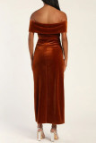 Sexy Solid Color Slit Irregular Zipper Velvet Off Shoulder Evening Dresses