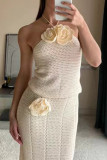 Sexy Solid Color Hook Flower Patchwork Halter Sleeveless Two Pieces