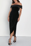 Sexy Solid Color Slit Irregular Zipper Velvet Off Shoulder Evening Dresses