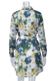 Elegant Splashed ink printing Buckle Contrast Turndown Collar Shirt Dresses