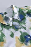 Elegant Splashed ink printing Buckle Contrast Turndown Collar Shirt Dresses