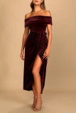 Sexy Solid Color Slit Irregular Zipper Velvet Off Shoulder Evening Dresses