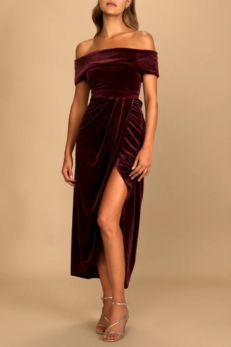 Sexy Solid Color Slit Irregular Zipper Velvet Off Shoulder Evening Dresses