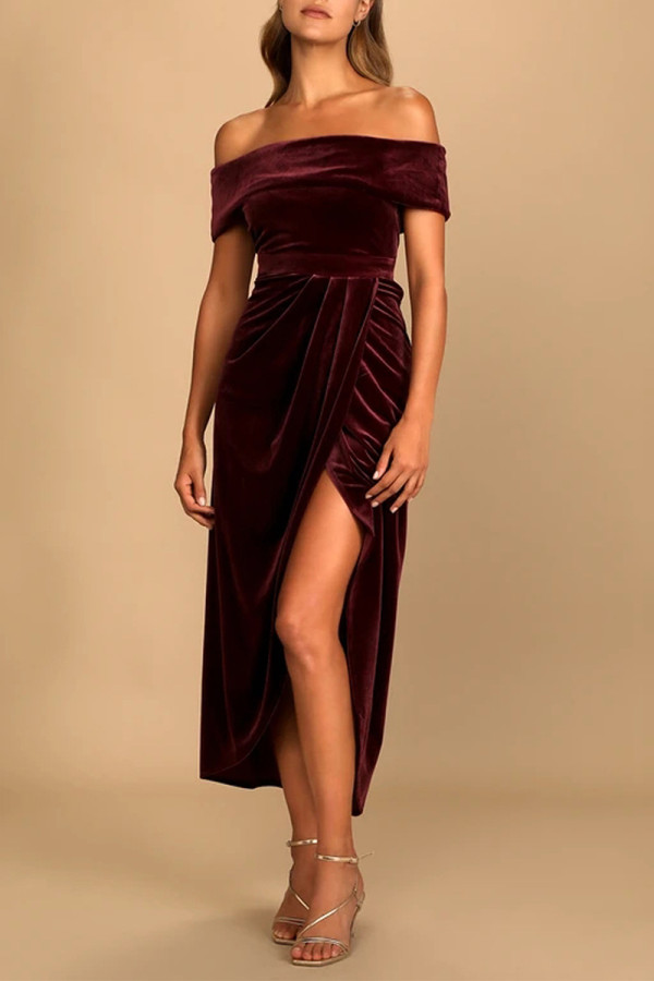 Sexy Solid Color Slit Irregular Zipper Velvet Off Shoulder Evening Dresses