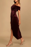 Sexy Solid Color Slit Irregular Zipper Velvet Off Shoulder Evening Dresses