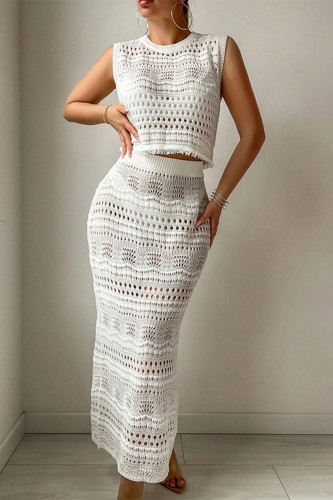 Sexy Solid Color Hollow Out O Neck Sleeveless Two Pieces