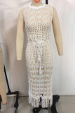Sexy Vacation Solid Color Backless Slit Fringed Hem Swimwears Cover Up