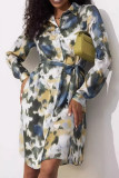 Elegant Splashed ink printing Buckle Contrast Turndown Collar Shirt Dresses