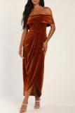 Sexy Solid Color Slit Irregular Zipper Velvet Off Shoulder Evening Dresses