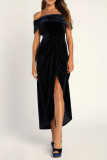 Sexy Solid Color Slit Irregular Zipper Velvet Off Shoulder Evening Dresses