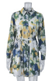 Elegant Splashed ink printing Buckle Contrast Turndown Collar Shirt Dresses
