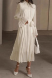 Elegant Solid Color Lace Up Pleated Shirt Collar Pleated Dresses